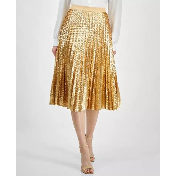 T Tahari Women's Cocktail Party Chunky Sequined Pleated Midi Skirt Gold Size 10 - Picture 1 of 13